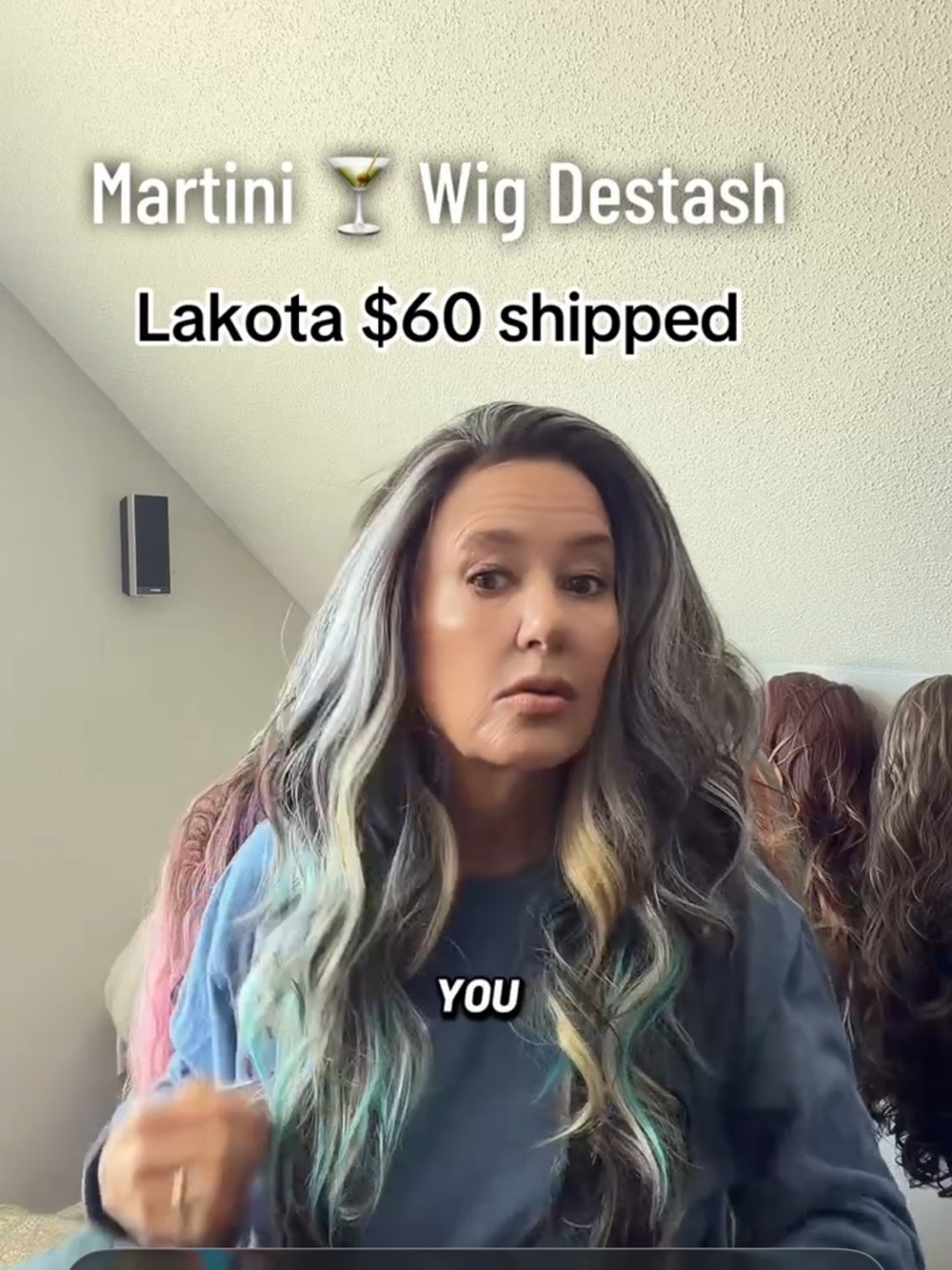 Martini Lakota Long Wavy Wig in Gray with Teal & Blonde Highlights